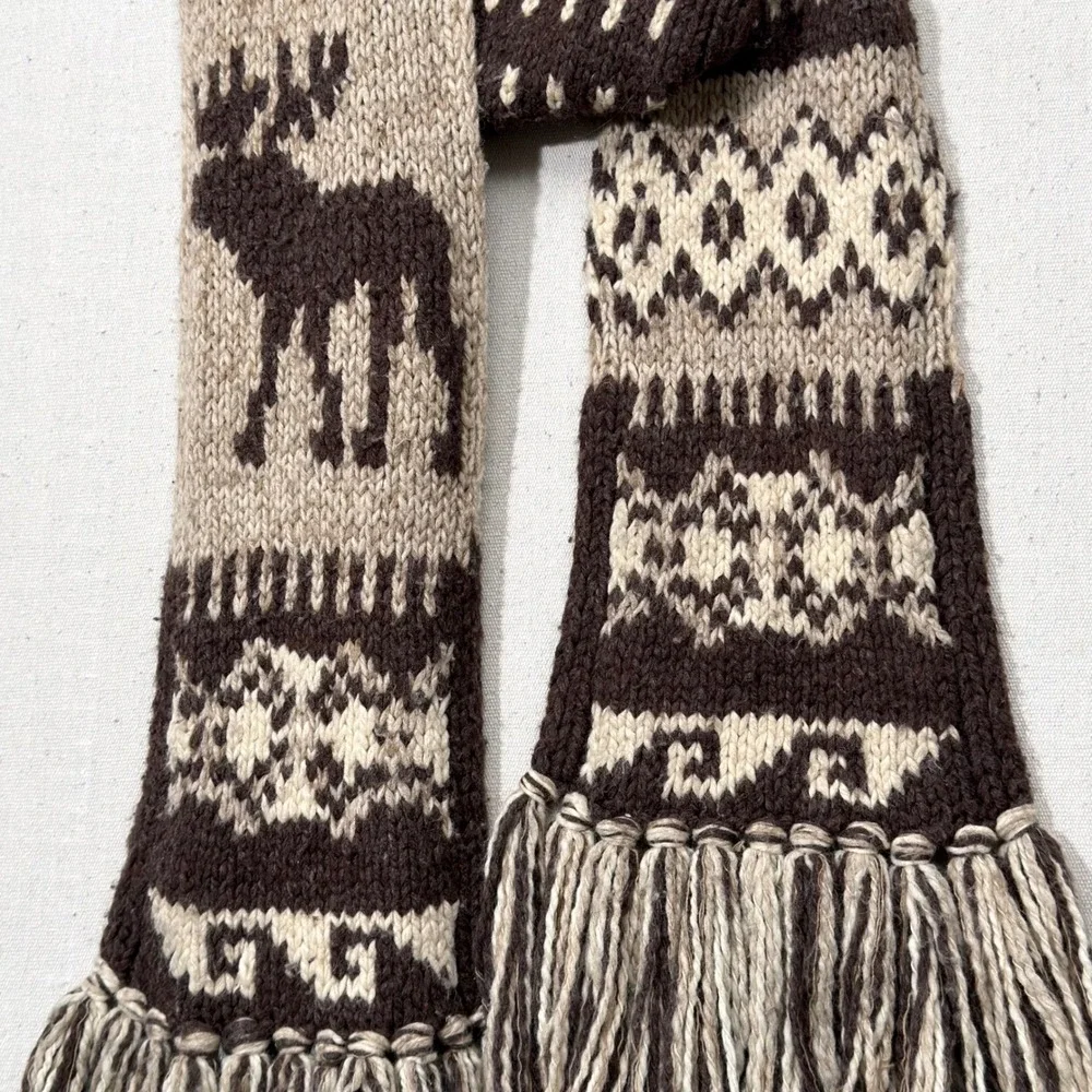 Abercrombie & Fitch Scarf Unisex OS Brown Vintage Moose Fair Isle Fringe Knit